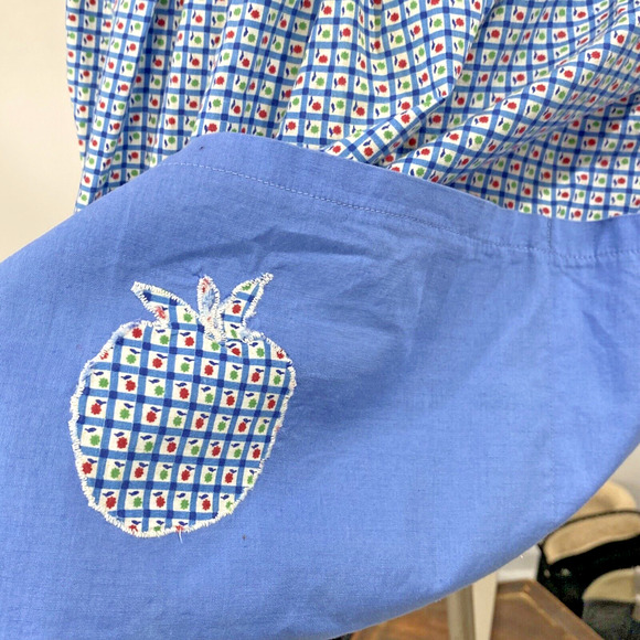 Vintage Handmade Waitress Half Apron 4 Front Hem Pockets Blue Red Green Apples - Picture 2 of 8